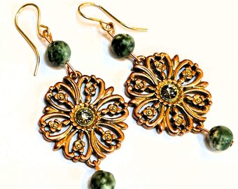 Handmade Dangle Earrings with Recycled Vintage Links, Green Spot Jasper and Gold Filled Ear Wires, Unique Gift for Her