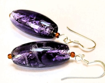 Handmade Purple Earrings with Recycled Art Deco Foiled Glass Beads, Sterling Silver Ear Wires, Gift for Girlfriend, Friend, Mother
