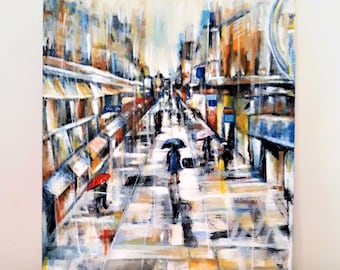 Street Painting, Colourful City Scene, Umbrellas in the Rain, Cafe Art in Acrylics on Canvas Board