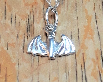 Dainty Bat Necklace, Sterling Silver Halloween Pendant with 16" Chain, Party Jewellery,