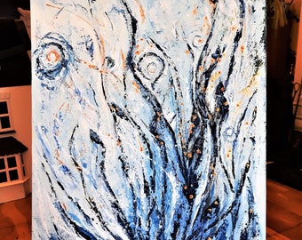 Abstract Blue Painting, Original Textured Artwork in Acrylic on Canvas A3