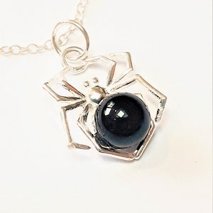 Onyx Spider Necklace, Black Halloween Pendant, 925 Sterling Silver with Stone
