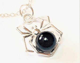 Onyx Spider Necklace, Black Halloween Pendant, 925 Sterling Silver with Stone