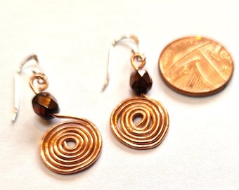 Handmade Copper Spiral Earrings with Recycled Vintage Beads, Sterling Silver Ear Hooks, Rustic, Celtic,  Boho Design