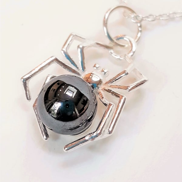 Haematite Spider Necklace, Halloween Pendant, 925 Sterling Silver with Hematite Stone, Geeky Gothic Jewellery,