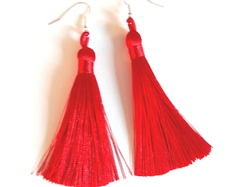 Red Tassel Earrings, Long Fringe with Silver Ear Wires, Boho Style