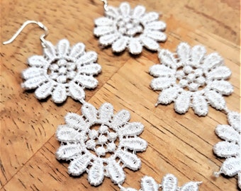 Daisy Earrings, Long White Lace Dangles with Sterling Silver or Gold Filled Hooks, Weddings, Holidays