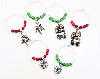 Wine Glass Charms for Christmas, Set of 6 Wine Markers With Red and Green Beads, Silver Charms, Also Available Singly