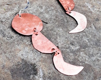Moon Earrings, Handmade Long Textured Copper Triple Moon Phase Dangles with Sterling Silver Ear Wires, Unique Gift for Her