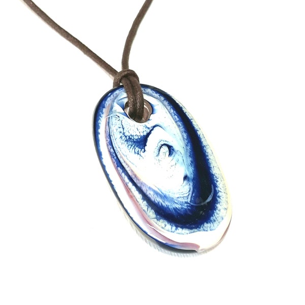 Galaxy Pendant, Celestial Blue, Long Art Glass Space Necklace with Vegan Cotton Cord, Oval Shape Milky WayJewelry