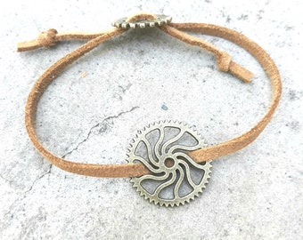 Steampunk Bracelet Cogs with Adjustable Brown Faux Suede Wrap, Sun, Gears Jewelry