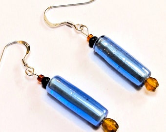 Cylinder Earrings, Ice Blue Jewelry with Recycled Art Deco Glass Beads, Tubes and Tiny Vintage Beads, Sterling Silver Ear Wires, Summer Gift