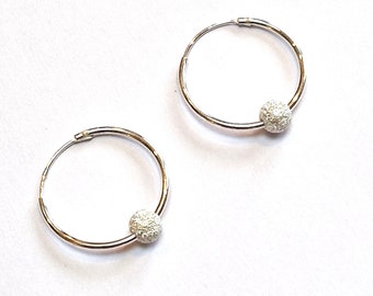 Sterling Silver Hoop Earrings with Small Sparkly Bead, Dainty Circle Sleepers, 24mm, Solid 925 Silver