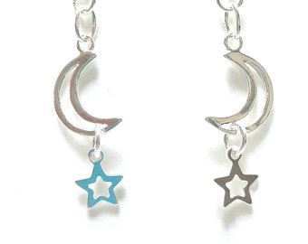 Moon and Star Earrings, Sterling Silver Celestial Jewellery