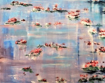 Water Lilies Painting, Original Lake Art, Acrylic Floral Abstract in Blue and Pink