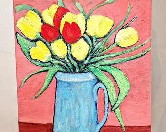 Contemporary Flower Painting, Colourful Tulips in Jug, Modern Wall Art, Bold Acrylic Colours, 10" x 12" Canvas, Spring Mother's Day Gift