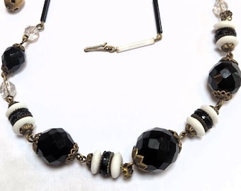 Art Deco Black and White Vintage Necklace with Clear Glass Beads, Decorative Clasp, 17 Inch, Gold Tone Metal Links, Ornate Bead Caps, 1930s