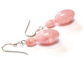 Pink Dangle Earrings with Vintage Venetian Glass Swirl Beads and Sterling Silver, Upcycled Art Deco Jewellery, Feminine Gift for Her