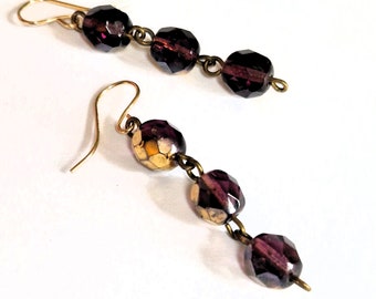 Carnival Glass Dangle Earrings, Vintage 1940s Purple/Gold Faceted Aurora Borealis Beads, Gold Filled Hooks, Upcycled Jewellery Gift for Her