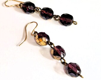 Carnival Glass Dangle Earrings, Vintage 1940s Purple/Gold Faceted Aurora Borealis Beads, Gold Filled Hooks, Upcycled Jewellery Gift for Her