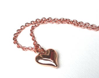 Heart Pendant, Rose Gold Necklace, Love Heart Jewellery, Mother's Day Gift Idea, Rose Gold Heart and Chain, 3D charm Necklace, Gift for Mum
