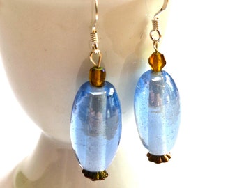 Dangly Earrings with Blue Recycled Art Deco Glass Beads, Tiny Yellow Beads and Sterling Silver Ear Wires, Summer Birthday Gift