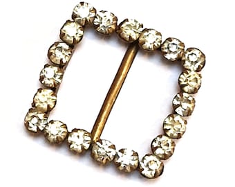 Vintage Art Deco Buckle, Small Brass Slider with Clear Czech Glass Stones, Stamped with Czecho