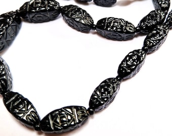 Black Neiger Brothers Necklace, Unusual Art Deco Vintage Czech Glass Graduated Beads, 31.5 Inch, 1920/30s Geometric Design