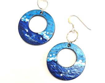 Seascape Earrings, Hand Painted Wood and Sterling Silver, Wearable Art in Original Blue Design