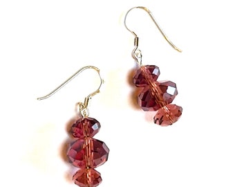 Sparkly Dangle Earrings Purple/Pink with Vintage Faceted Glass Beads and Sterling Silver, Upcycled Jewellery Gift for Her