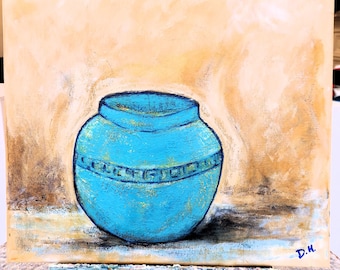 Vase Painting, Acrylics on Canvas, Blue Pot, Ochre Yellow Background, Colourful, 40cm x 40cm, Square Original Wall Art
