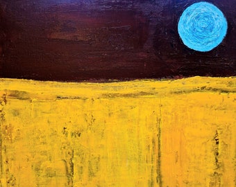 Moon Painting, Abstract Bold Colours, Yellow and Brown with Full Blue Moon. Acrylics on Canvas Gift, 40cm x 40cm, Square Original Wall Art