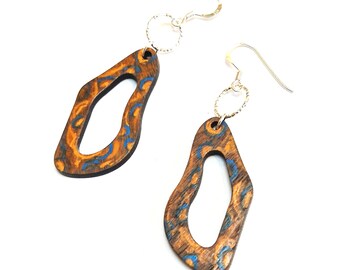 Wood Dangle Earrings, Original Hand Painted Abstract Design with 925 Sterling Silver, Wearable Art Gift