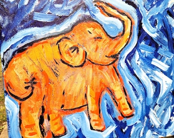 Elephant Painting, Abstract Colourful Baby Animal, Acrylics on Canvas, 40cm x 40cm, Square Original Wall Art