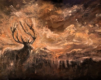 Original Stag Painting, Deer in Landscape, Browns amd Pinks, Acrylics on Canvas A4 size