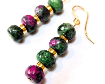 Ruby in Zoisite Dangle Earrings with Small Gold Filled Beads and Ear Wires, July Birthstone Gift, Green and Pink Gemstone Jewellery