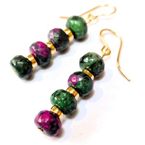 Ruby in Zoisite Dangle Earrings with Small Gold Filled Beads and Ear Wires, July Birthstone Gift, Green and Pink Gemstone Jewellery