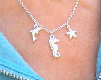 Sea Life Necklace, Seahorse, Starfish, Dolphin, Silver Beach  Charm Jewelry, Nautical Pendant
