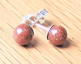 Brown Goldstone Studs, Sterling Silver Sparkly Small Round Earrings