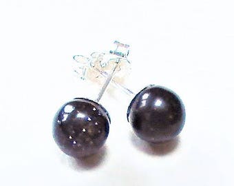 Celestial Earrings, Small Blue Goldstone Ball Studs, Sparkly with Sterling Silver Posts