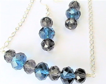 Recycled Jewellery Set, Necklace and Earrings with Blue Grey Beads, Silver Chain and Ear Hooks, OOAK