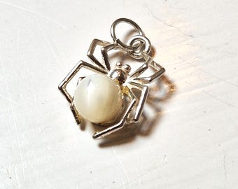 Spider Necklace, White Mother of Pearl Halloween Pendant, 925 Sterling Silver with 16 or 18 Inch Chain