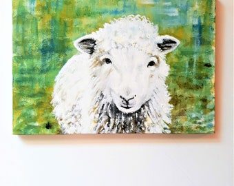 白い羊の絵画、オリジナルの動物アート、キャンバスに描かれたカラフル