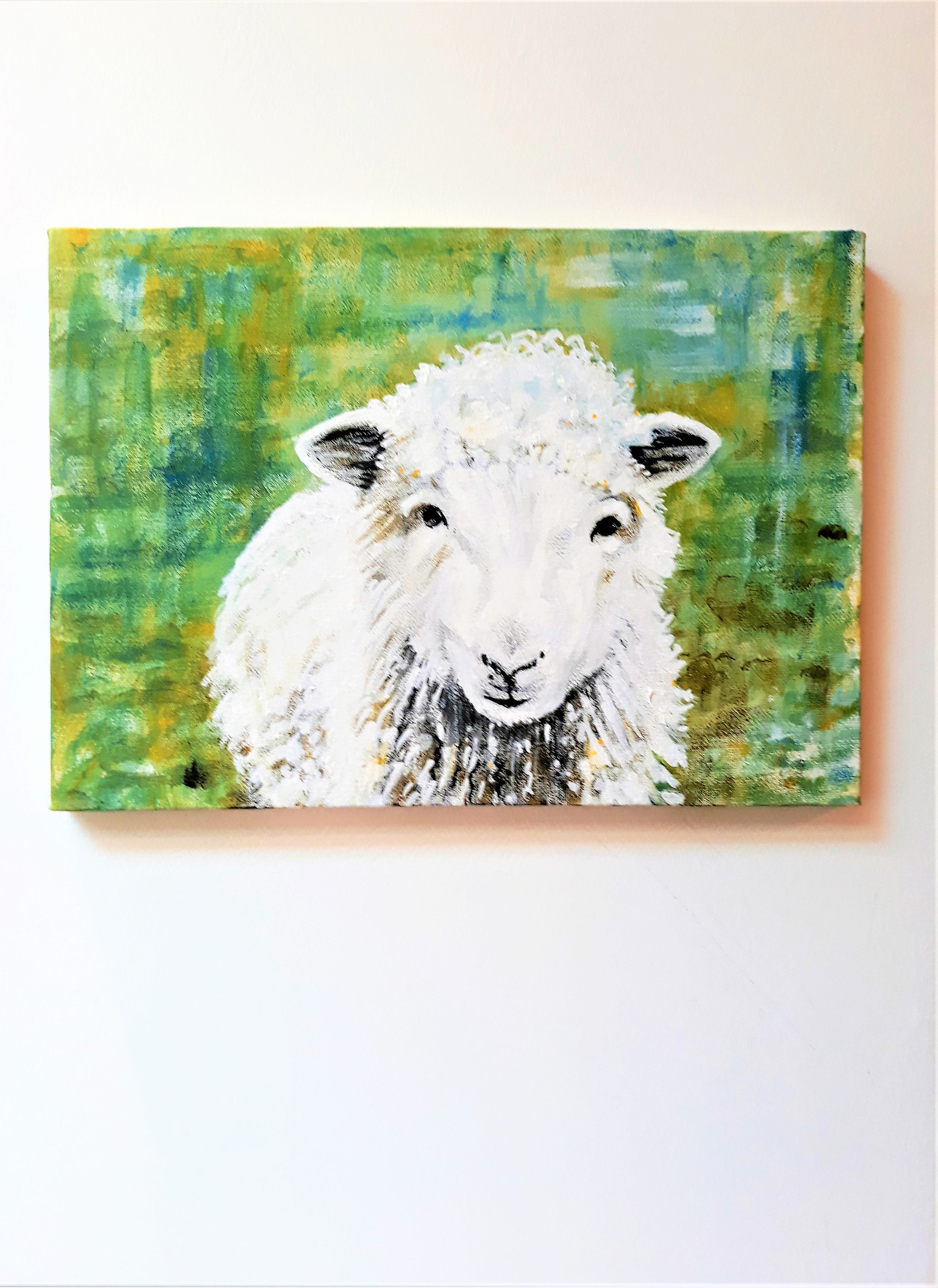 白い羊の絵画、オリジナルの動物アート、キャンバスに描かれたカラフル
