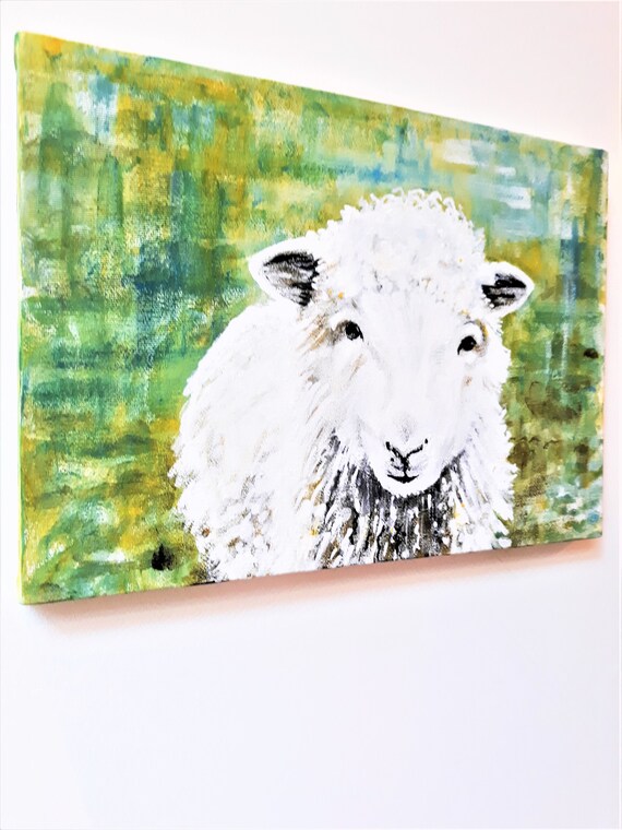白い羊の絵画、オリジナルの動物アート、キャンバスに描かれたカラフル
