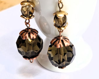 Smokey Glass Dangle Earrings, Gothic Style Large Vintage Beads, Gold Filled Hooks, Upcycled  Repurposed Jewellery Gift for Her