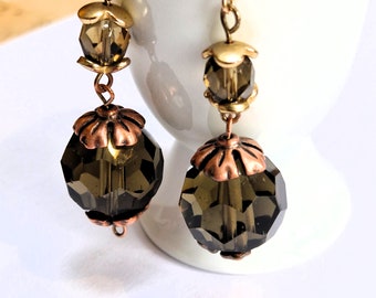 Smokey Glass Dangle Earrings, Gothic Style Large Vintage Beads, Gold Filled Hooks, Upcycled  Repurposed Jewellery Gift for Her