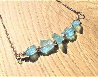 Blue Apatite Necklace, Raw Stone Bohemian Jewellery, Blue Crystal Jewelry, Copper Beads, Rough Apatite, Boho Gift Idea