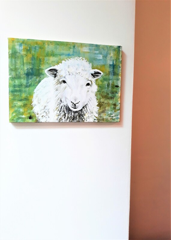 油絵　羊 白い羊の絵画、オリジナルの動物アート、キャンバスに描かれたカラフル