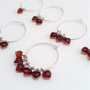 Wine Glass Charms with Tiny Red Heart Charms, Valentine&#39;s Gift, Weddings, Silver Glass Rings, Set of 6 or Single
